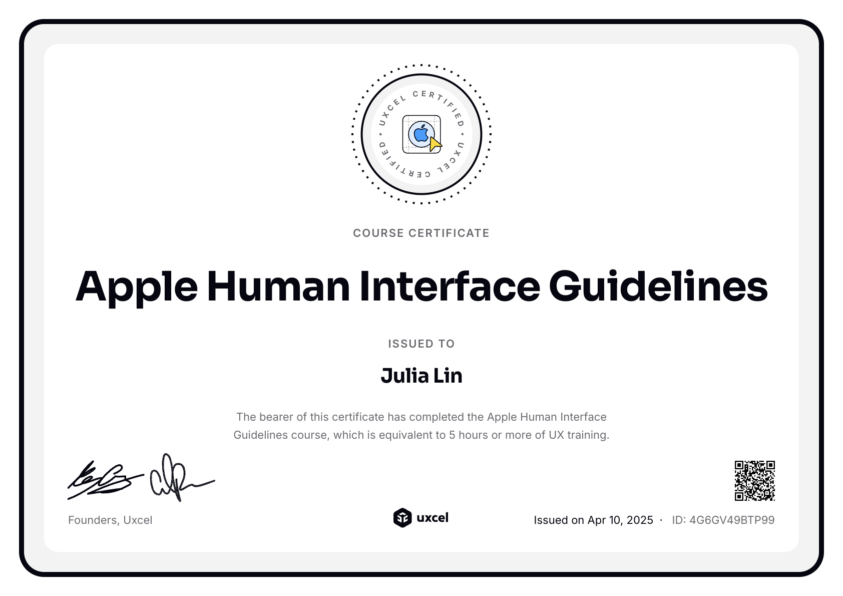 Julia Lin's certificate
